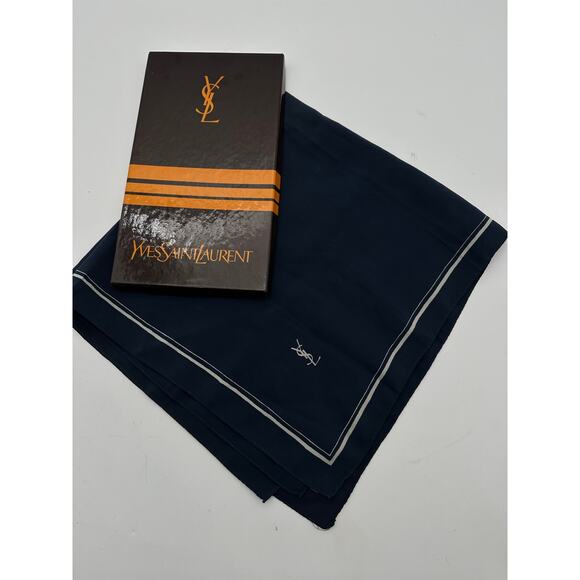 YSL yves st laurent silk Navy Logo scarf vintage box Minimalist boarder square - Picture 7 of 11